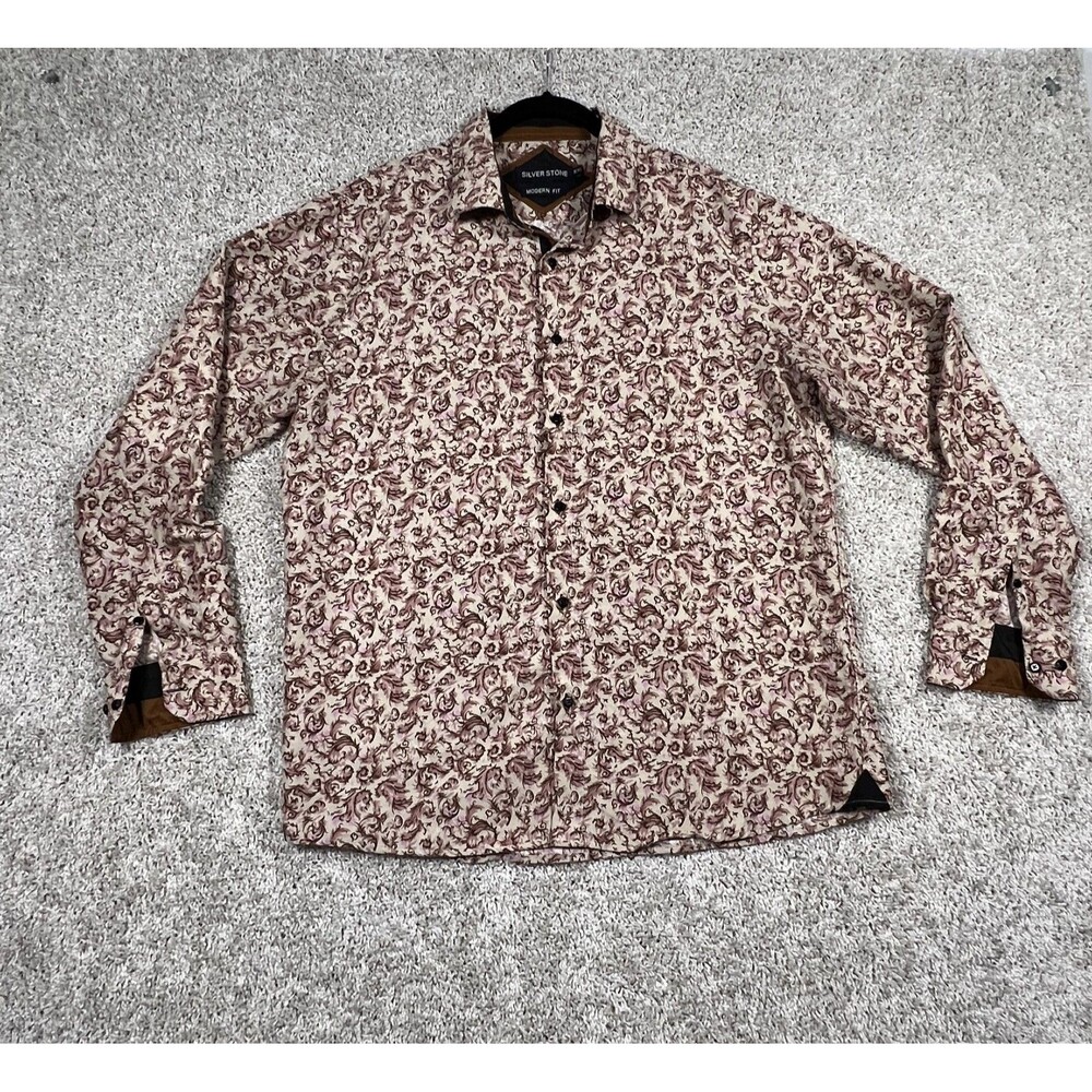 Silver Stone Modern Fit Men’s XXL Pink Brown Floral Button Up Dress Shirt
